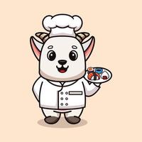 vecteur chèvre chef mascotte logo dessin animé mignon créatif kawaii. illustration d'animal mignon transportant de la nourriture de sushi
