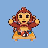singe mignon mangeant des sushis avec illustration d'icône de dessin animé de baguettes vecteur