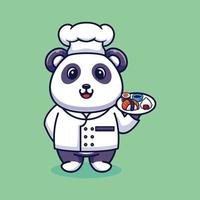 vecteur panda chef mascotte logo dessin animé mignon créatif kawaii. illustration d'animal mignon transportant de la nourriture de sushi