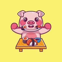 mignon, cochon, manger, sushi, à, baguettes, dessin animé, icône, illustration vecteur