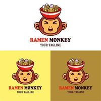 vecteur mignon singe avec un bol de ramen sur sa tête logo mascotte