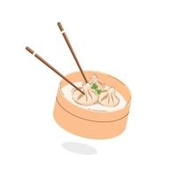 cuisine asiatique, xiao long bao, petits pains chinois cuits à la vapeur dans un panier en bambou sur fond blanc. illustration vectorielle vecteur