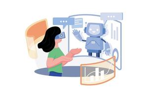 femme communiquant avec un chatbot virtuel vecteur