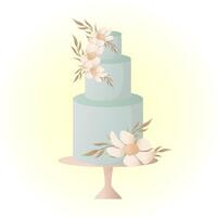 gâteau de mariage décoré de fleurs et de feuilles. gâteau d'anniversaire ou de mariage vecteur