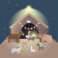 un dessin animé de crèche de noël, avec l'enfant jésus, dans la crèche avec des animaux. illustration religieuse chrétienne. vecteur