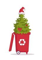 arbre de noël dans un bac avec un signe de recyclage. ménage après les vacances. écolo, vacances vertes, consommation raisonnée. pour autocollants, affiches, cartes postales, éléments de design vecteur