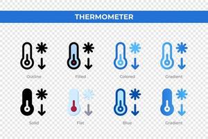 icônes de thermomètre dans un style différent. jeu d'icônes de thermomètre. symbole de vacances. jeu d'icônes de style différent. illustration vectorielle vecteur