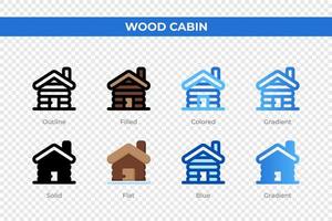 icônes de cabane en bois dans un style différent. ensemble d'icônes de cabane en bois. symbole de vacances. jeu d'icônes de style différent. illustration vectorielle vecteur