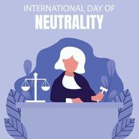 illustration graphique vectoriel d'un juge assis et tenant un marteau à une table, affichant un bilan juridique, parfait pour la journée internationale, la journée internationale de la neutralité, célébrer, carte de voeux.