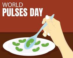 illustration graphique vectoriel des mains prendre des haricots verts sur une assiette avec une cuillère, parfait pour la journée internationale, la journée mondiale des légumineuses, célébrer, carte de voeux, etc.