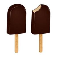 ensemble de crème glacée au glaçage au chocolat sur un bâton, entier et mordu. glace au chocolat popsicle. produit surgelé aliments sucrés. nourriture 3d réaliste. illustration vectorielle. vecteur