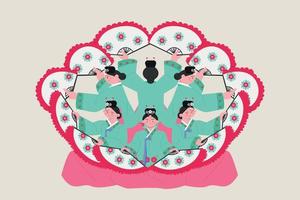 danse traditionnelle coréenne. des femmes portant du hanbok dansent en cercle avec un éventail. vecteur