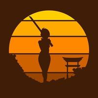 samouraï japon épée chevalier logo vectoriel sur cercle coucher de soleil. fond de guerrier pour t-shirt, affiche, vêtements, merch, vêtements, conception de badges.