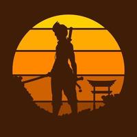 samouraï japon épée chevalier logo vectoriel sur cercle coucher de soleil. fond de guerrier pour t-shirt, affiche, vêtements, merch, vêtements, conception de badges.