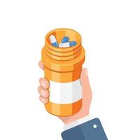 bouteille de pilules dans l'illustration de la main dans un style plat. capsules médicales illustration vectorielle sur fond blanc isolé. concept d'entreprise de signe de pharmacie. vecteur