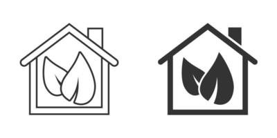 maison avec icône feuille dans un style plat. illustration vectorielle de jardin fleuri sur fond blanc isolé. concept d'entreprise de signe d'écologie. vecteur
