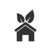 maison avec icône feuille dans un style plat. illustration vectorielle de jardin fleuri sur fond blanc isolé. concept d'entreprise de signe d'écologie. vecteur