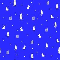 bonne année et célébration de noël modèle sans couture avec silhouette de lapin blanc, sapin et coffrets cadeaux sur fond bleu, impression pour papier peint, conception de couverture, emballage, décoration intérieure de vacances vecteur