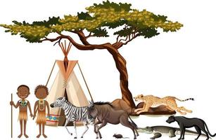 Tribu africaine avec groupe d'animaux africains sauvages sur fond blanc vecteur