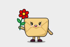 personnage d'enveloppe de dessin animé mignon tenant une fleur rouge vecteur