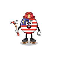 mascotte de dessin animé de pompier drapeau malaisie vecteur