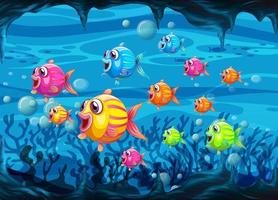 personnage de dessin animé de nombreux poissons exotiques dans le fond sous-marin vecteur