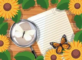 vue de dessus du papier blanc sur la table avec des feuilles et des éléments de tournesol vecteur