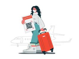le voyageur masqué avec des bagages marchant avec le code qr à l'aéroport. concept de voyage dans les conditions du coronavirus. concept protège le monde de la propagation du virus. vecteur