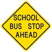Arrêt de bus scolaire devant panneau jaune sur fond blanc vecteur
