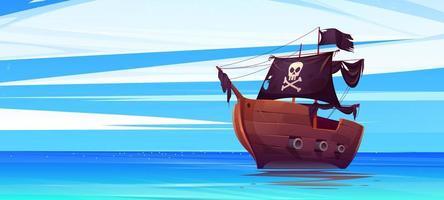 bateau pirate avec drapeau noir et jolly roger vecteur