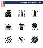 pack de 9 signes de glyphes solides de célébration de la fête de l'indépendance des états-unis et symboles du 4 juillet tels que décoration boisson usa cola rail modifiable usa day vector design elements