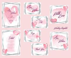 modèles de vecteur de saint valentin. ensemble de cartes de mariage et de voeux, brochures et invitations en rose avec des coeurs