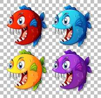 Ensemble de poissons exotiques de couleur différente avec un personnage de dessin animé de grands yeux sur fond transparent vecteur