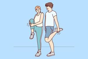 couple heureux en vêtements de sport s'entraînant ensemble à l'extérieur. un homme et une femme souriants s'amusent à faire du sport ou à s'entraîner. activité physique. illustration vectorielle. vecteur