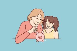 mère et fille économisent de l'argent dans une tirelire. maman et petite fille mettent des pièces dans la tirelire font des investissements financiers pour l'avenir. bancaire. illustration vectorielle. vecteur