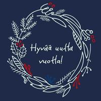 hyvaa huutta vuotta. carte de voeux du nouvel an finlandais. design élégant avec sapins dessinés à la main et lettrage à la main sur fond turquoise. texte en finnois dit bonne année vecteur