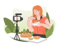 femme vlogger alimentaire mangeant des nouilles tout en enregistrant une vidéo pour sa chaîne vidéo en ligne. créateur de contenu partageant une critique de nourriture en ligne à l'aide d'une caméra. concept de blogueur culinaire vecteur