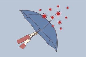 danger du concept covid-19. mains humaines tenant un parapluie pour se protéger contre l'épidémie de pneumonie à coronavirus battant l'illustration vectorielle du virus des bactéries rouges vecteur