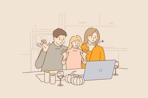 célébration de vacances en ligne et concept de vidéoconférence. personnages de dessins animés de famille heureuse envoyant des baisers lors d'un appel vidéo sur un ordinateur portable le jour de Thanksgiving ou d'autres vacances à la maison vecteur