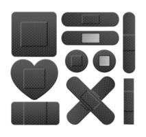 ensemble de patchs médicaux en plâtre de bande d'aide noire détaillée 3d réaliste. vecteur