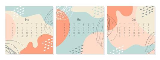 ensemble de modèles de calendrier 2023 par mois avril mai juin, concept de couverture de calendrier, illustration abstraite de style boho. vecteur