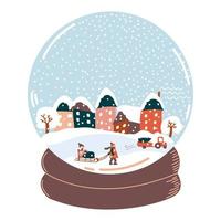 boule à neige avec paysage d'hiver, maisons, personnes, traîneau, route et camion avec épicéa. souvenir de noël. cadeau pour de joyeuses fêtes douillettes vecteur