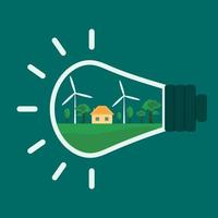 icône, autocollant, bouton sur le thème de l'économie et de l'énergie renouvelable avec paysage avec maison, arbres, nuages, éoliennes à l'intérieur de l'ampoule.
