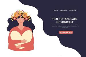 une jeune fille avec des fleurs dans la tête. santé mentale. harmonie avec vous-même. adapté à la page de destination, à l'interface utilisateur, au web, à la carte d'introduction de l'application, à l'éditorial, au dépliant et à la bannière. vecteur