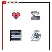 ensemble de pictogrammes de 4 couleurs plates remplies simples d'éléments de conception vectoriels modifiables sous forme de bras d'impulsion de contact ecg vecteur