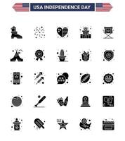 25 signes de glyphes solides pour les films de la fête de l'indépendance des états-unis chaise pays police signe police modifiable usa day vector design elements