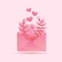 Joyeuse saint Valentin. enveloppe en papier rose avec feuilles florales et coeur. conception d'enveloppe de courrier de dessin animé. fond de vacances. illustration vectorielle vecteur