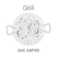 chili con carne dans une grande casserole avec lettrage. cuisine mexicaine traditionnelle. cuisine latino-américaine. vecteur