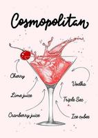 illustration de cocktail cosmopolite de style gravé vectoriel pour affiches, décoration, logo et impression. croquis dessiné à la main avec lettrage et recette, ingrédients de la boisson. dessin coloré détaillé.