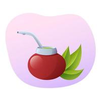 tasse de maté rouge appelée calebasse avec une paille appelée bombilla et des feuilles de maté vert vecteur